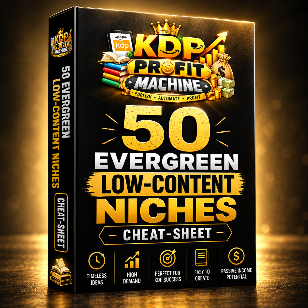 Bonus #2 - 50 Evergreen Low-Content Niches Cheat-Sheet 3D Box Mockup
