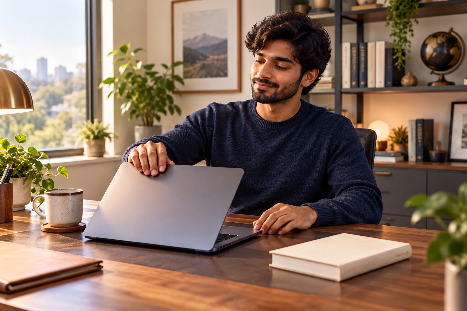Publisher wrapping up a laptop work session in a bright studio