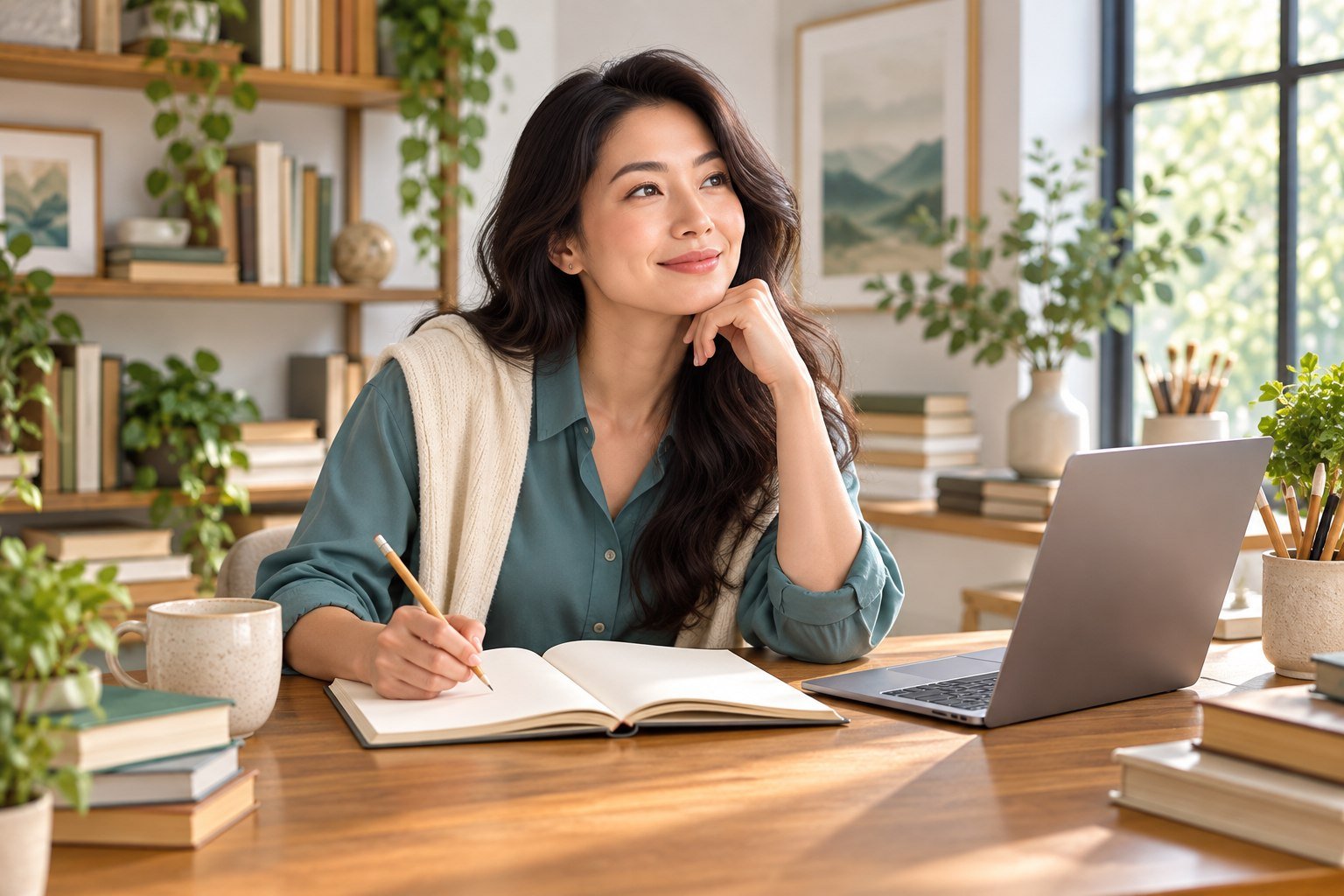 Publisher writing an idea in a notebook beside a laptop