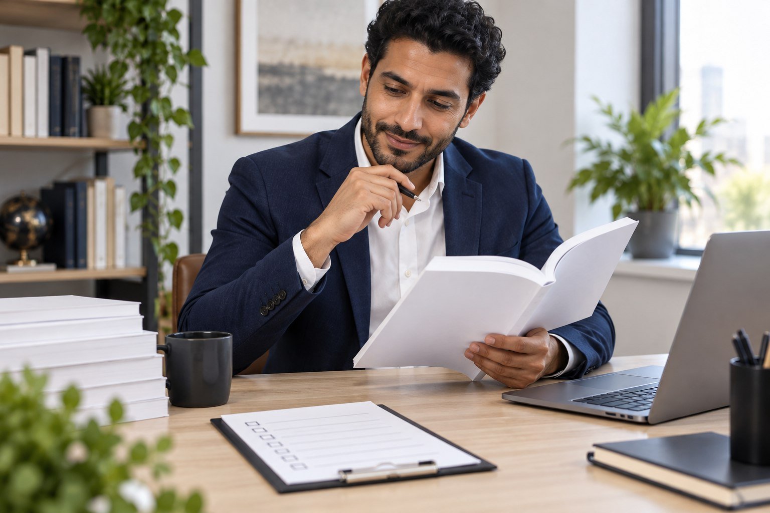 Publisher checking a print proof and checklist