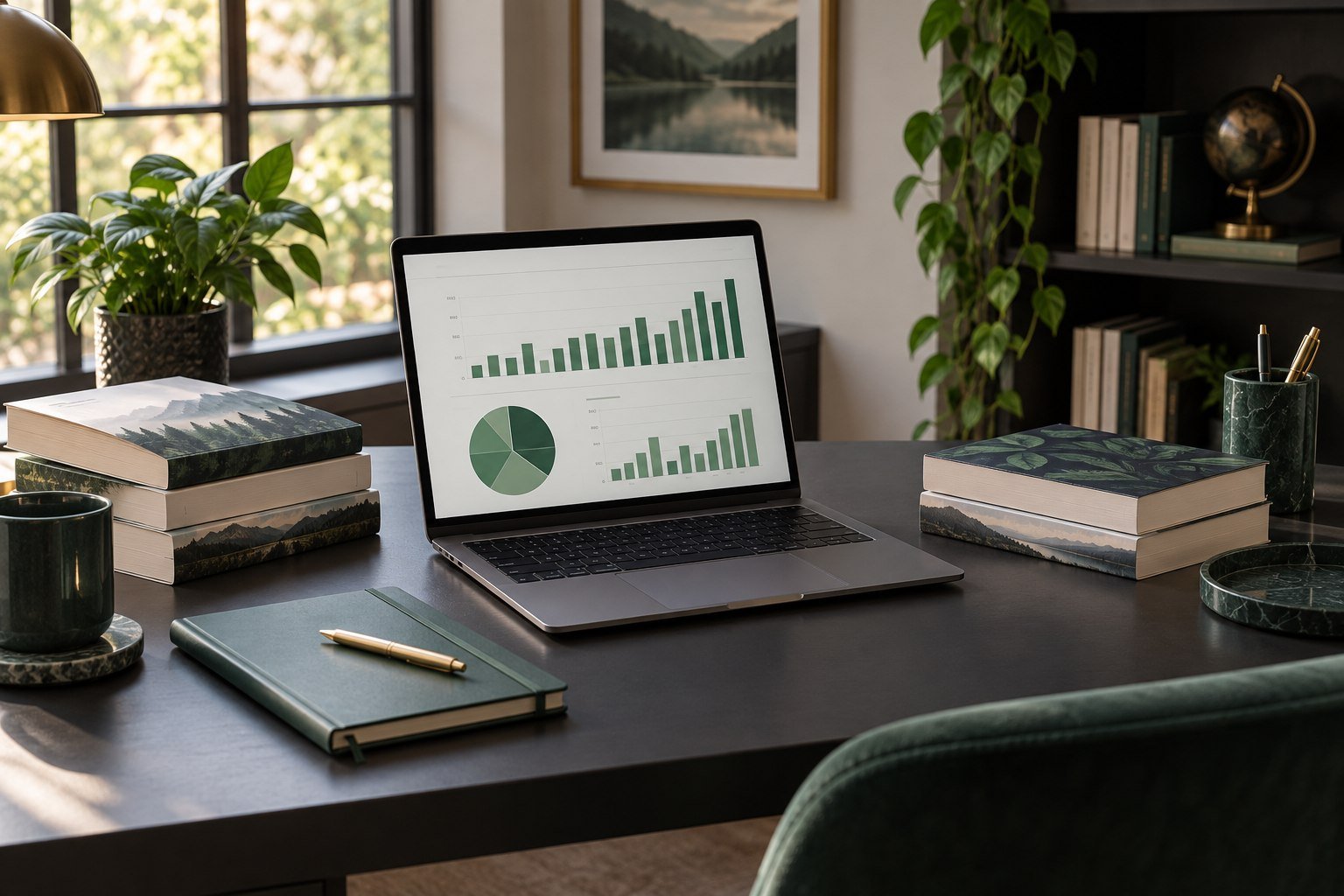 Publishing workspace with a laptop displaying royalty analytics and book proofs